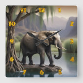 Horloge Carrée Eléphant majestueux par eaux tranquilles à Dusk (Recto)