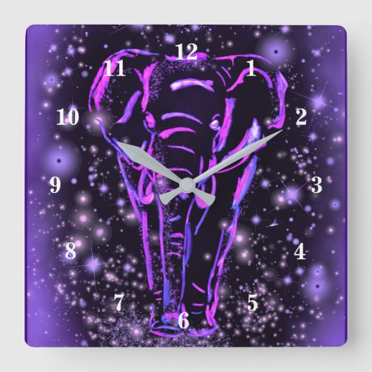 Horloge Carrée Eléphant Rose Violet Neon Marchant La Nuit étoilée (Recto)