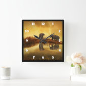 Horloge Carrée Eléphants asiatiques en Thaïlande sous un coucher  (Maison)