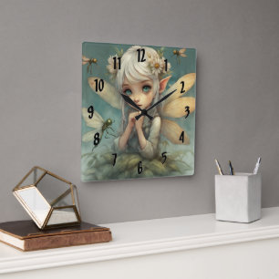 Horloge Carrée Elfe et libellule 2