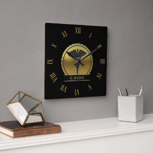 Horloge Carrée Emblème professionnel de Caducée médical en or 3D