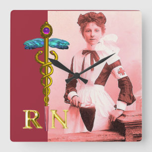 Horloge Carrée Emblème VINTAGE du caducée NR d'INFIRMIÈRE et d'or