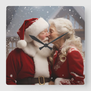 Horloge Carrée Embrasser M. et Mme Père Noël