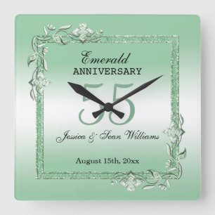 Horloge Carrée Emerald Gem & Parties scintillant 55e anniversaire