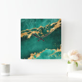 Horloge Carrée Emerald Green et Gold abstrait (Maison)