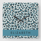 Horloge Carrée Empreinte de léopard, Spots, Leopard Bleu, Votre N (Recto)