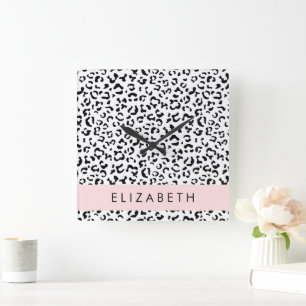 Horloge Carrée Empreinte de léopard, Spots, Noir Et Blanc, Votre