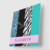 Horloge Carrée Empreinte de léopard, Zebra Print, Bleu, Votre nom (Angle)