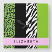 Horloge Carrée Empreinte de léopard, Zebra Print, Vert, Votre nom (Recto)