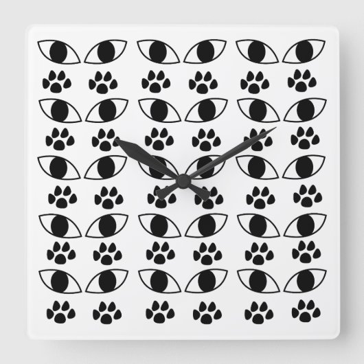 Horloge Carrée Empreinte de patte de chat noir et blanc (Recto)
