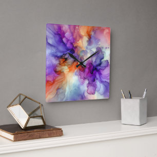 Horloge Carrée Encre d'alcool orange et violet Abstraite