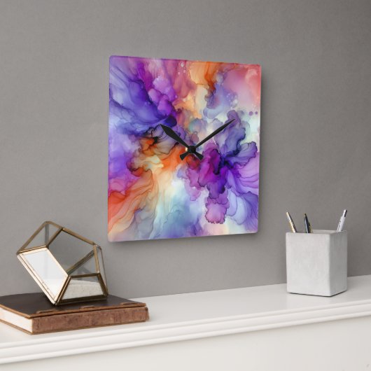 Horloge Carrée Encre d'alcool orange et violet Abstraite (Bureau)