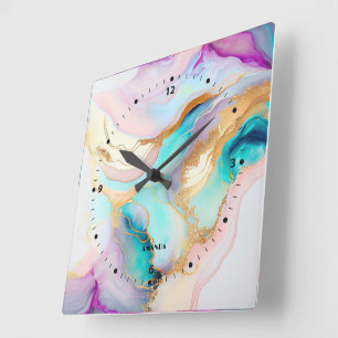 Horloge Carrée Encre de marbre pastel abstraite avec paillettes