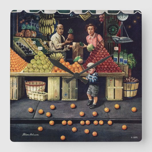 Horloge Carrée Enfant en bas âge et oranges (Recto)