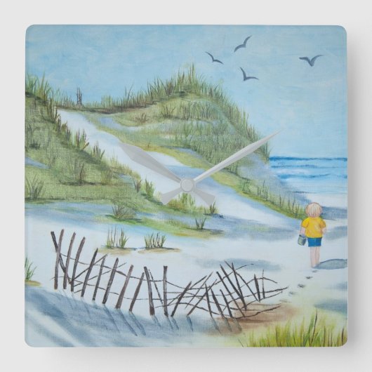 Horloge Carrée enfant sur l'aquarelle de plage de sable (Recto)