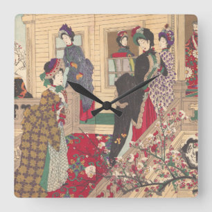 Horloge Carrée Enfants jouant dans la neige sous les pruniers