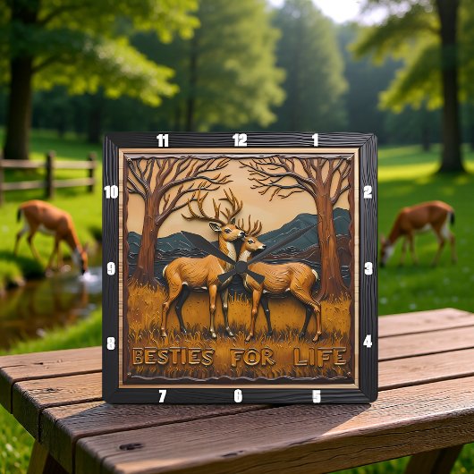 Horloge Carrée Engraved Deer Pair Sunset Forest