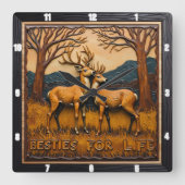 Horloge Carrée Engraved Deer Pair Sunset Forest (Recto)