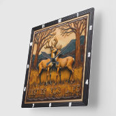Horloge Carrée Engraved Deer Pair Sunset Forest (Angle)