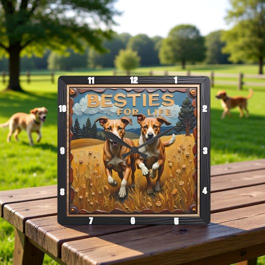 Horloge Carrée Engraved Dog Pair Blue Sky Field