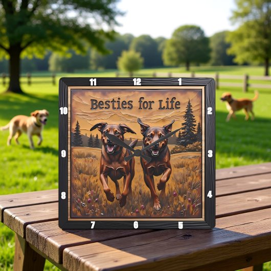 Horloge Carrée Engraved Dog Pair Happy Forest