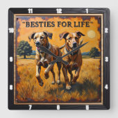 Horloge Carrée Engraved Dog Pair Sunset Field (Recto)