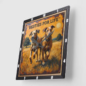 Horloge Carrée Engraved Dog Pair Sunset Field (Angle)