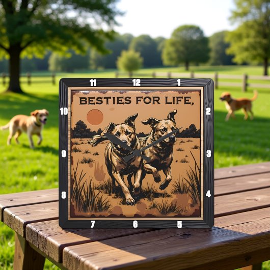 Horloge Carrée Engraved Dog Pair Tan Orange