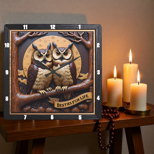 Horloge Carrée Engraved Owls Branch Banner Brown