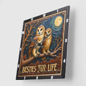 Horloge Carrée Engraved Owls Branch Full Moon (Angle)