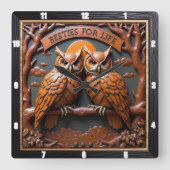 Horloge Carrée Engraved Owls Branch Orange Besties (Recto)