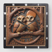Horloge Carrée Engraved Owls Branch Round Frame (Recto)