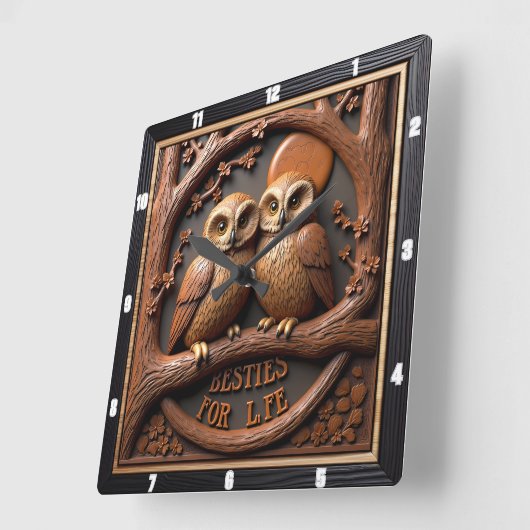 Horloge Carrée Engraved Owls Branch Round Frame (Angle)