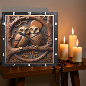 Horloge Carrée Engraved Owls Branch Round Frame