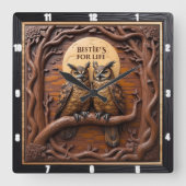 Horloge Carrée Engraved Owls Branch Rustic Brown (Recto)
