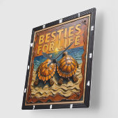 Horloge Carrée Engraved Turtle Pair Beach Sunset (Angle)