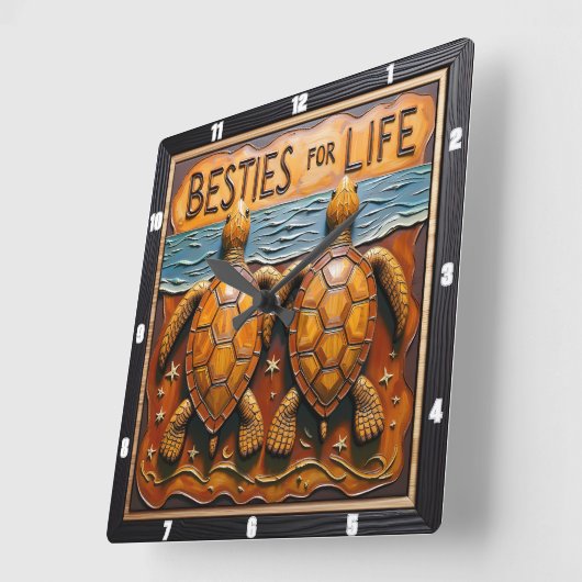 Horloge Carrée Engraved Turtle Pair Shoreline Besties (Angle)