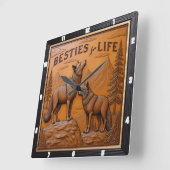 Horloge Carrée Engraved Wolf Pair Mountain Pine (Angle)