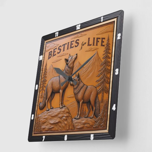 Horloge Carrée Engraved Wolf Pair Mountain Pine (Angle)