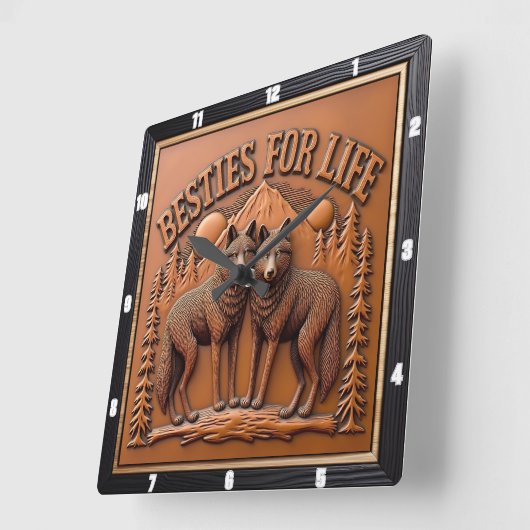 Horloge Carrée Engraved Wolf Pair Mountain Sunset (Angle)