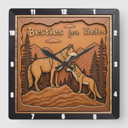 Horloge Carrée Engraved Wolf Pair Orange Mountain (Recto)