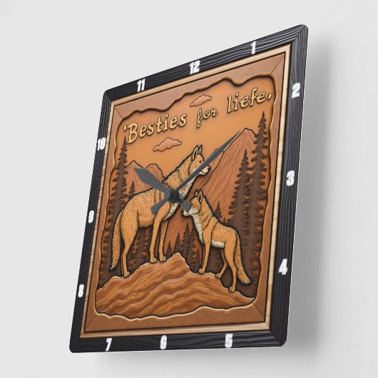 Horloge Carrée Engraved Wolf Pair Orange Mountain (Angle)