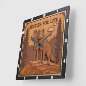 Horloge Carrée Engraved Wolf Pair Pine Forest (Angle)
