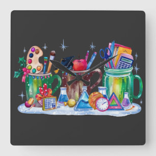 Horloge Carrée Enseignant Noël Tasse Joyeux Enseignant