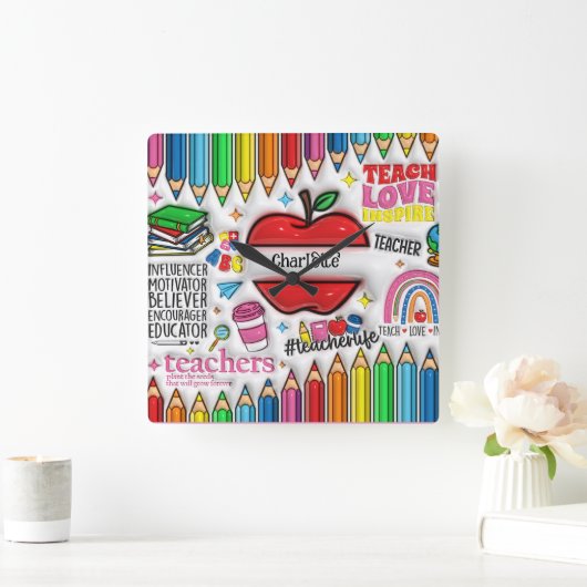 Horloge Carrée Enseignants : Inspirer, Croissance, Esprit, Coeurs (Maison)