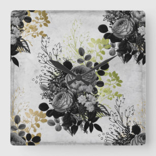 Horloge Carrée Ephemera Black & Gold Floral