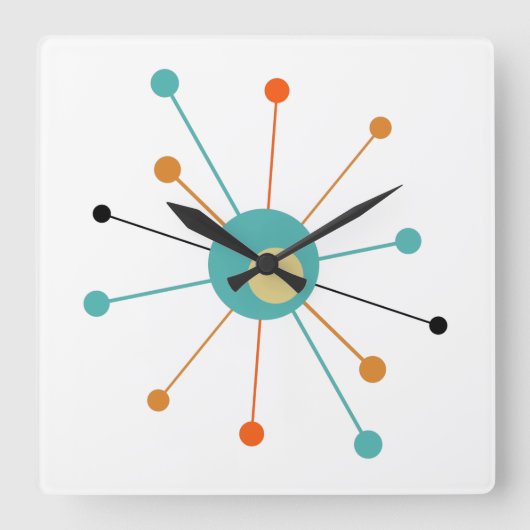 Horloge Carrée Époque atomique turquoise Orange Début mi-siècle (Recto)
