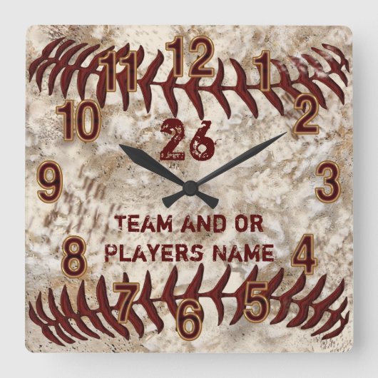 Horloge Carrée Équipe, Player's NAME, NUMBER Dirty Baseball Clock (Recto)
