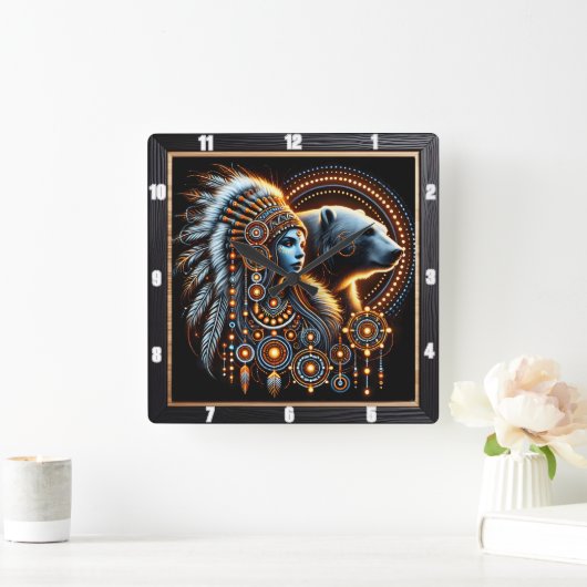 Horloge Carrée Esprit autochtone avec ours dans un design lumineu (Maison)