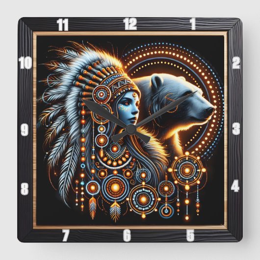 Horloge Carrée Esprit autochtone avec ours dans un design lumineu (Recto)